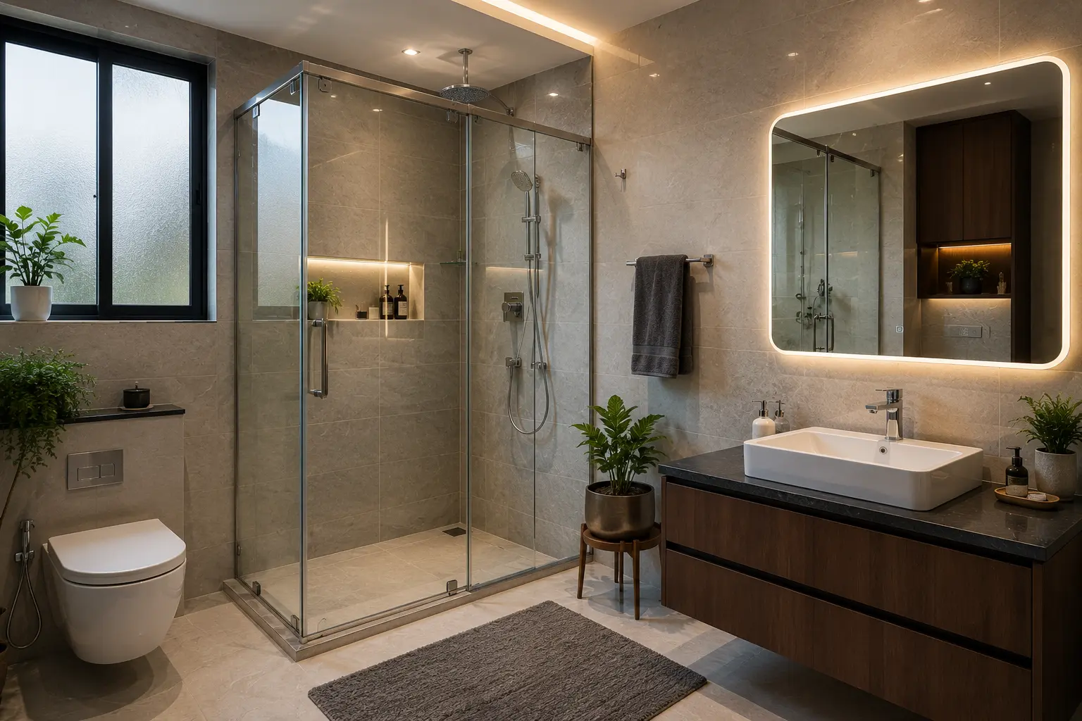 Bathroom shower enclosure and LED mirror by Balaji Glass Store Banda