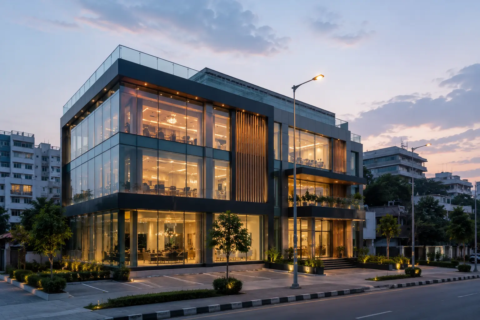 Building elevation with glass facade and aluminium system by Balaji Glass Store Banda