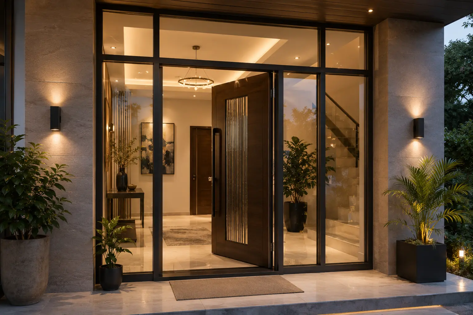 Home foyer with designer glass door by Balaji Glass Store Banda
