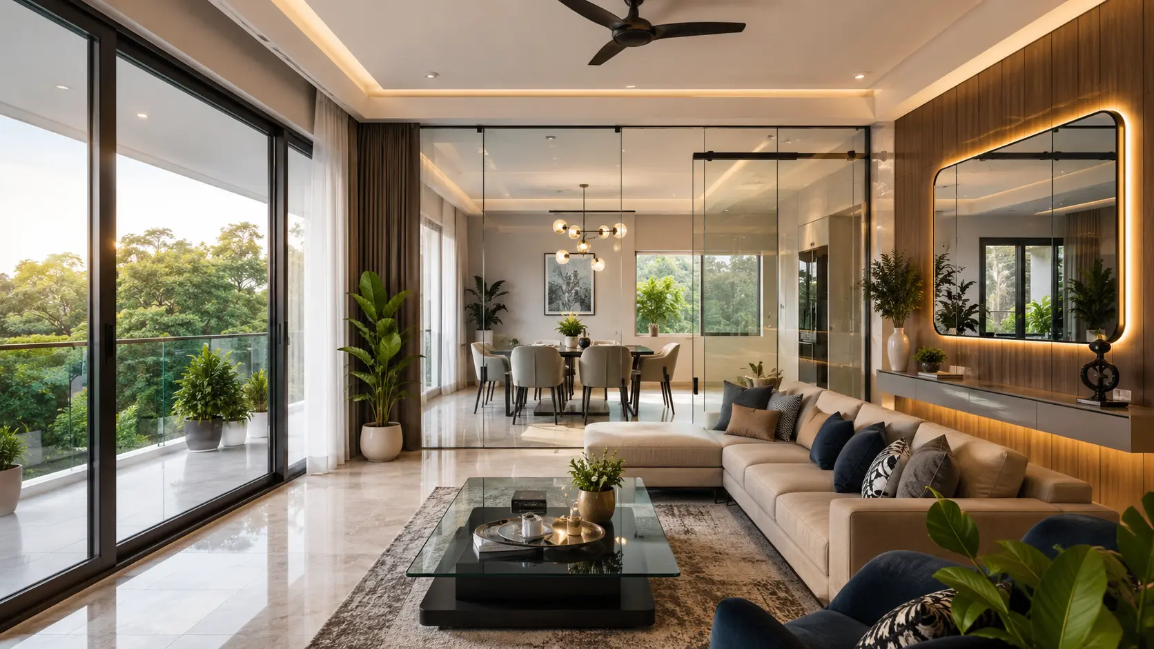 Modern living room with a large glass window by Balaji Glass Store Banda